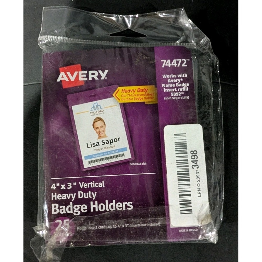 Avery 74472 - Heavy-Duty Badge Holders Secure Top-  Vertical 4" x 3" 25pk SEALED